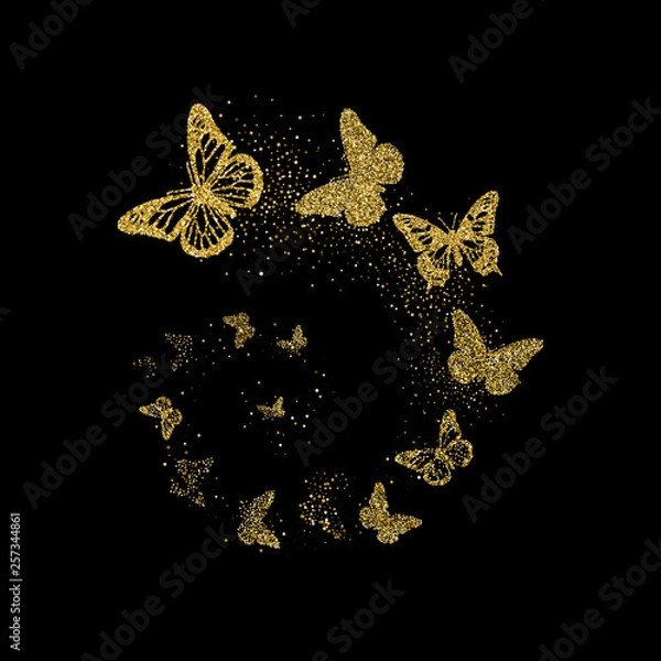Obraz Golden glitter butterflies fly in spiral on black background. Beautiful gold silhouettes with different shapes wings. For invitation, fashion, decorative abstract design elements. Vector illustration.
