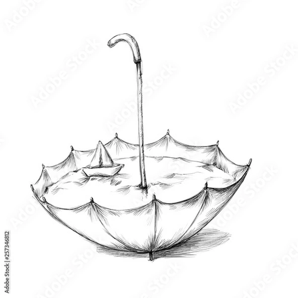 Obraz Regenschirm mit wasser und Papierboot