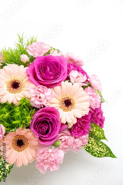 Obraz カーネーション・バラ・ガーベラのピンクラウンドフラワーアレンジメント・母の日（縦）