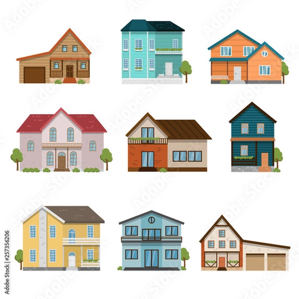 Fototapeta Set of houses front view icons isolated on white background
