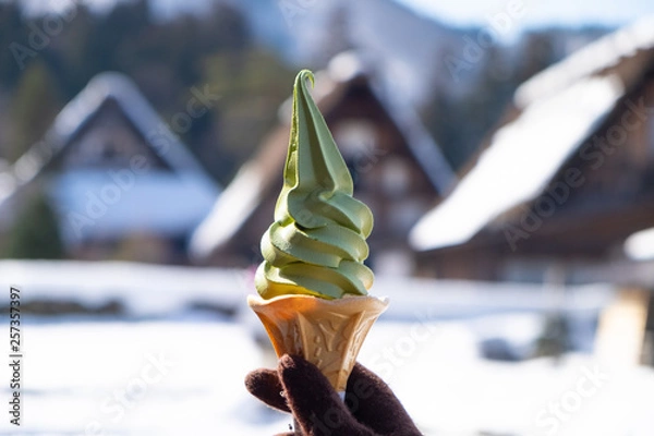 Obraz Hand holding Soft green tree ice cream with snow background
