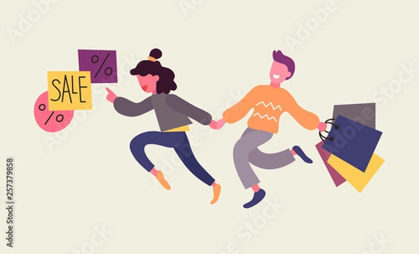 Obraz Couple with purchases hurry for sales. Sale at store. Flat design, vector illustration.