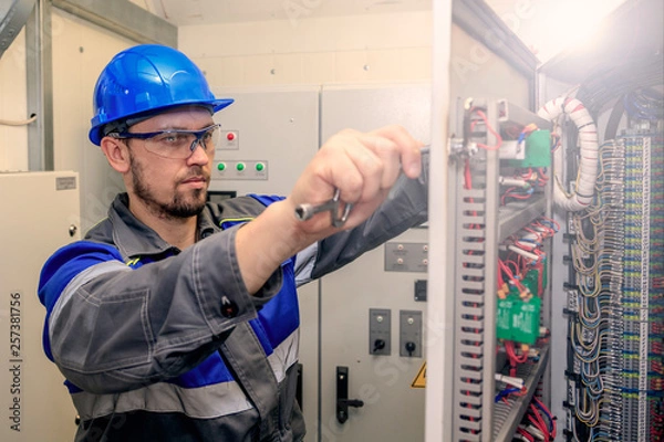 Fototapeta electromechanic in electrical safety gloves holds power cable, cabling connection of high voltage power electric line in industrial distribution fuseboard