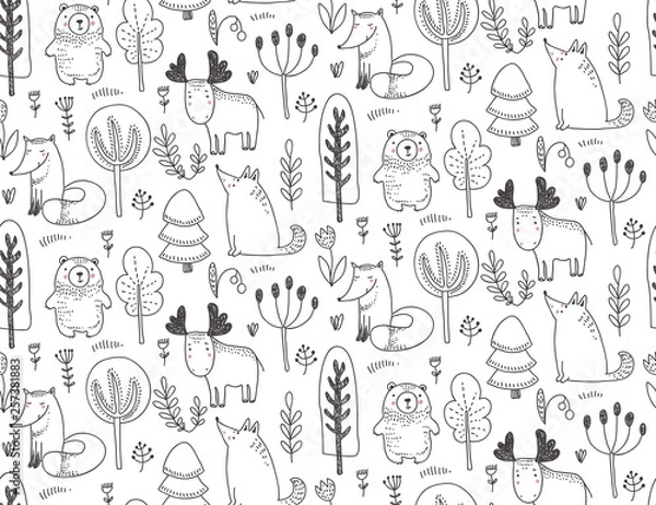 Fototapeta Vector seamless pattern with hand drawn wild forest animals,