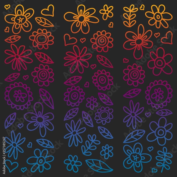 Fototapeta Vector set of child drawing flowers icons in doodle style. Painted, colorful, gradient pictures on a piece of paper on blackboard.