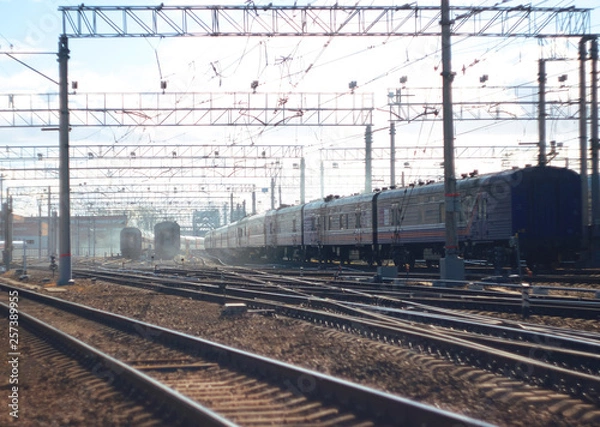 Fototapeta Landscape with the crossing of railway tracks with multiple trains. In the distance everything is lost in the morning fog