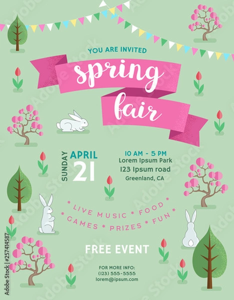 Fototapeta Spring fair announcing poster template with text for invitation.