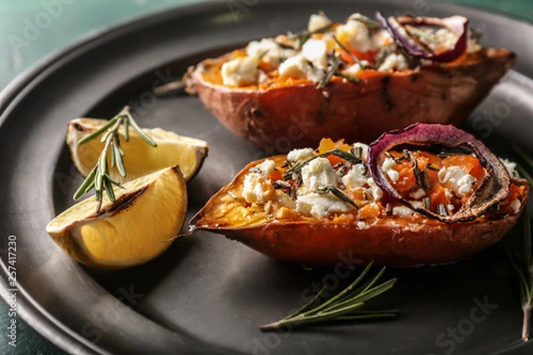 Fototapeta Baked sweet potato on tray