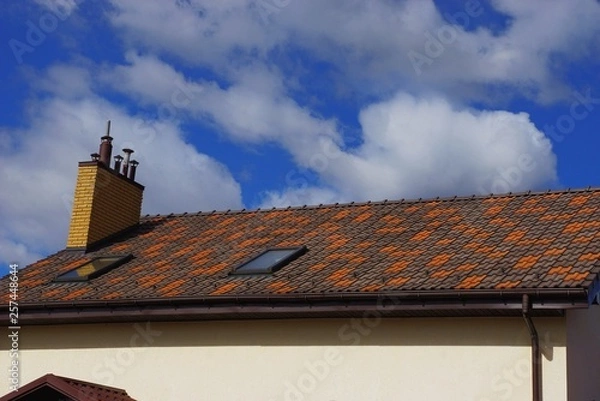 Fototapeta part of a private building with a brown tiled roof and chimney against the sky