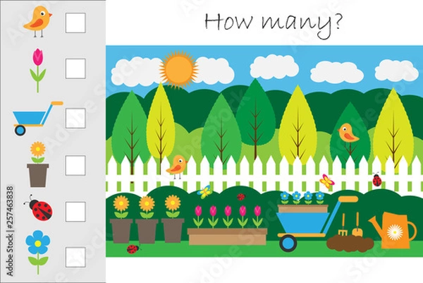 Fototapeta How many counting game with garden picture for kids, educational maths task for the development of logical thinking, preschool worksheet activity, count and write the result, vector illustration