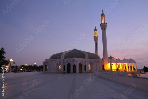 Fototapeta Beautiful front view of the Hassan Enany Mosque in the evening dusk in Jeddah, Saudi Arabia