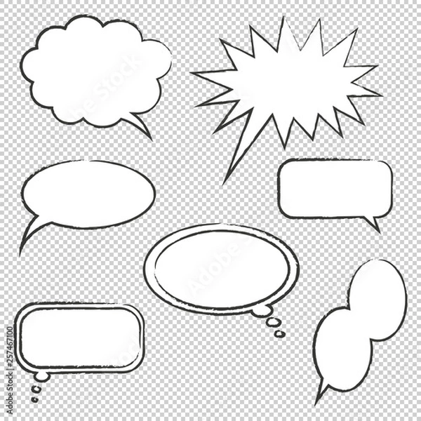 Obraz Set of hand drawn speech bubbles. Transparent background. Different emotional chat boxes. Vector Illustration.
