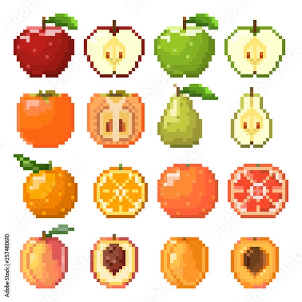 Fototapeta Collection of pixel fruits including apple, pear, peach, orange, grapefruit, apricot isolated on white background. Healthy food. Fresh and tasty fruits. Old style 8 bit icons.