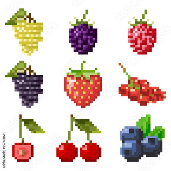 Fototapeta Big collection of pixel berries including strawberry, cherry, currant, raspberry, blueberry, grape isolated on white background. Healthy food. Fresh and tasty berries. Old style 8 bit icons.