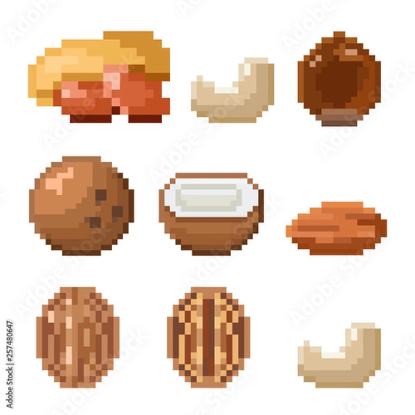 Fototapeta Collection of pixel nuts including peanut, cashew, hazelnut, coconut, almond, walnut isolated on white background. Healthy food. Old style 8 bit icons.