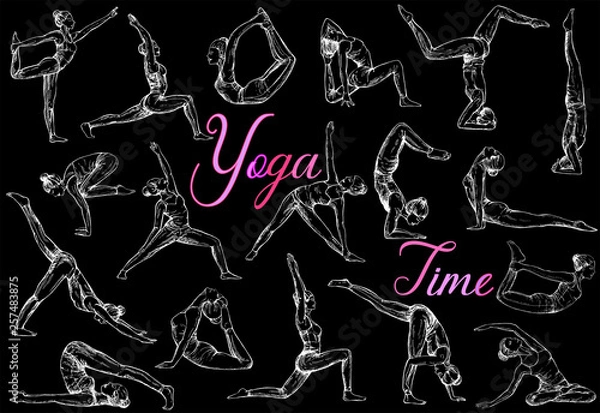 Fototapeta Big set of hand drawn sketch style abstract people doing yoga isolated on black background. Vector illustration.