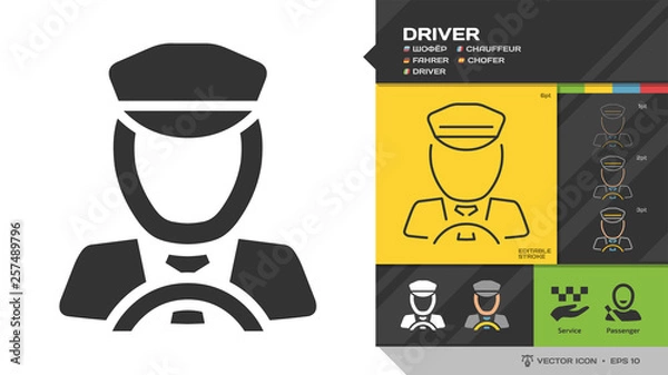 Fototapeta Vector taxi cab driver black silhouette and editable stroke thin outline single color chauffeur icon.