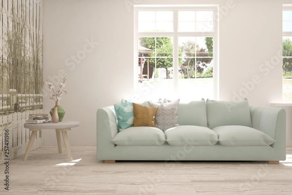 Fototapeta White stylish minimalist room with sofa. Scandinavian interior design. 3D illustration