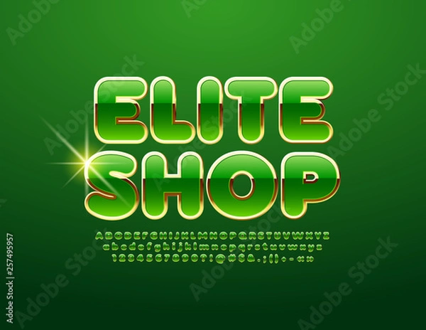 Fototapeta Vector Golden and Green emblem Elite Shop. Shiny Alphabet set. Luxury style Font 