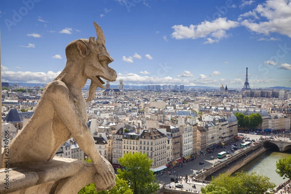 Fototapeta Notre Dame: Chimera (demon) overlooking the Eiffel Tower