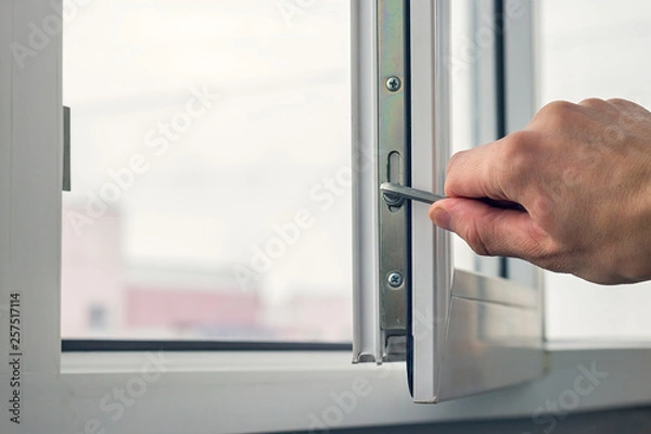 Obraz Workman adjusts the operation of the plastic window.