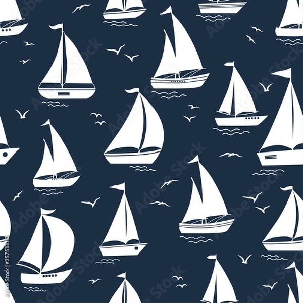 Fototapeta Seamless pattern with yacht silhouette on waves and birds