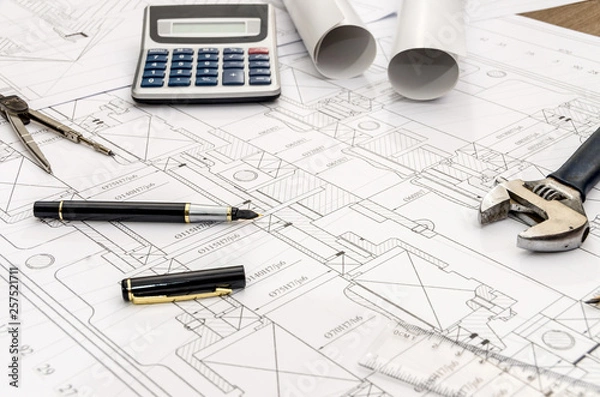 Fototapeta Engineer tools on sketch background top view