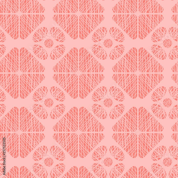 Fototapeta Vector textured geometrical shapes seamless pattern backdrop in coral color. Ovals, circles, triangles with rounded angles combined into this modern design for packaging background, fabric, cards.