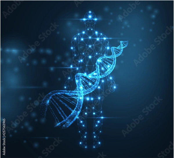 Obraz Blue abstract background with luminous DNA molecule, neon helix and human silhouette.