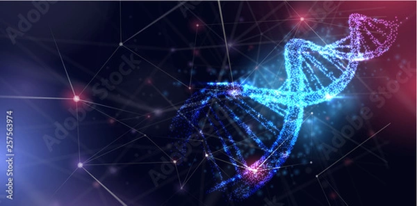 Obraz Abstract luminous DNA molecule, neon helix on color background. Medical science, genetic, biotechnology, chemistry, biology.