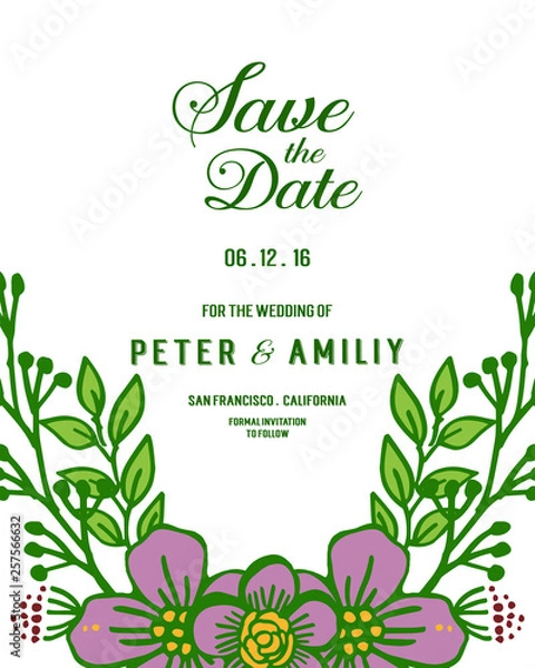 Fototapeta Vector illustration card save the date with various style purple flower frame