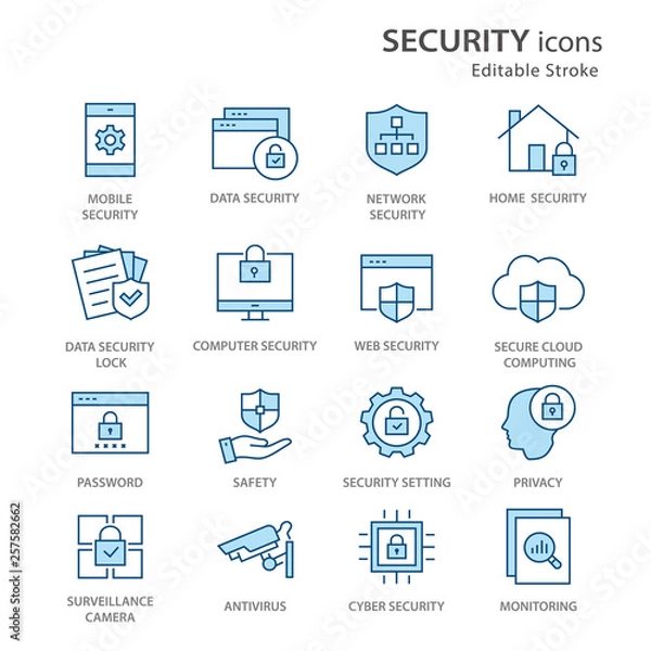 Fototapeta Security flat line icon set. Vector illustration. Editable stroke.