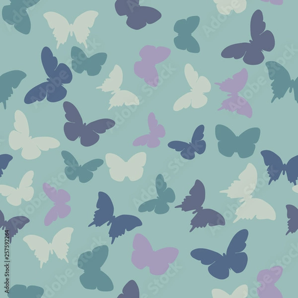 Fototapeta Vector seamless pattern with random violet,  creamy, grey,  blue, green butterflies on lilac background. Vintage elegant child baby design for wrapping, textile, fabric, invitation, greeting, websites