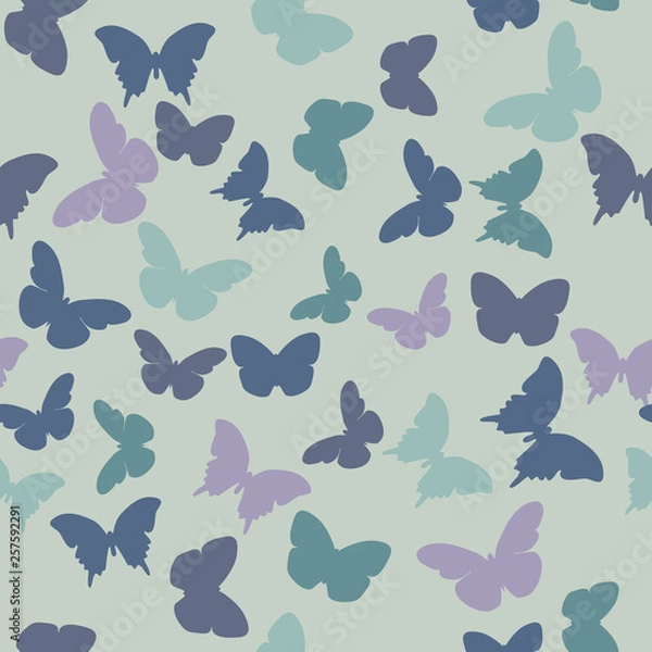 Fototapeta Vector seamless pattern with random violet,  creamy, grey,  blue, green butterflies on lilac background. Vintage elegant child baby design for wrapping, textile, fabric, invitation, greeting, websites