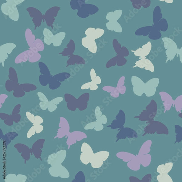 Fototapeta Vector seamless pattern with random violet,  creamy, grey,  blue, green butterflies on green background. Vintage elegant child baby design for wrapping, textile, fabric, invitation, greeting, websites