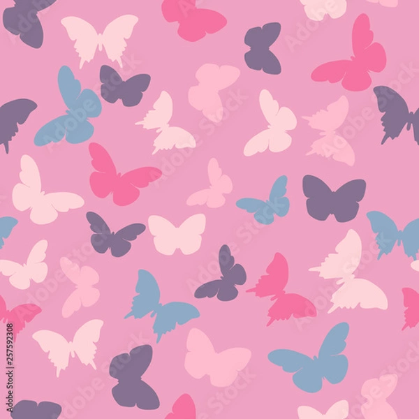Fototapeta Vector seamless pattern with random violet, pink, creamy butterflies on pink  background. Vintage elegant child baby design for wrapping, textile, fabric, invitation, greeting, websites