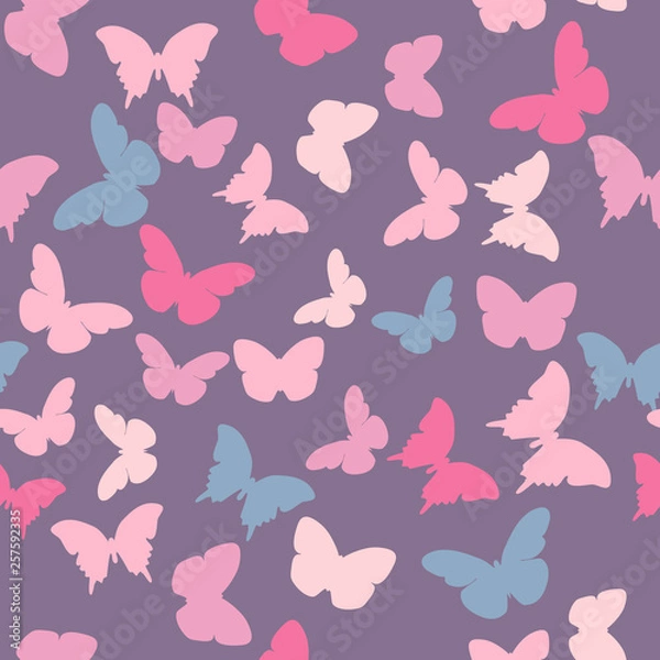 Fototapeta Vector seamless pattern with random violet, pink, creamy butterflies on violet  background. Vintage elegant child baby design for wrapping, textile, fabric, invitation, greeting, websites