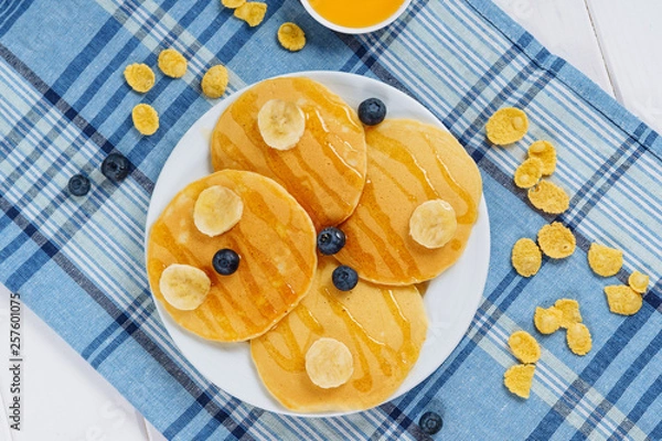 Obraz Pancake Stack Blueberry Honey Dessert Flatlay