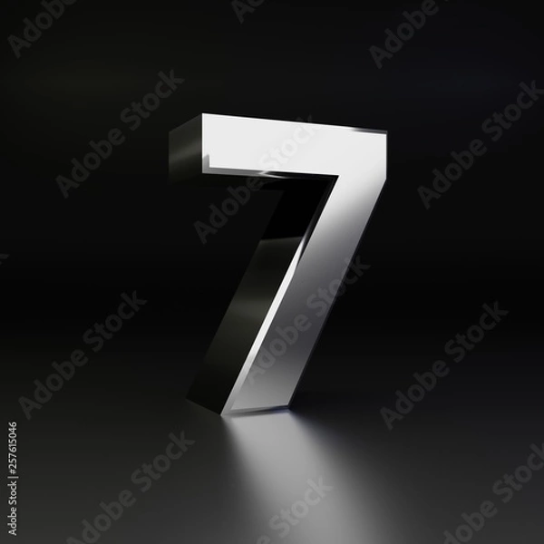 Fototapeta Chrome number 7. 3D render shiny metal font isolated on black background