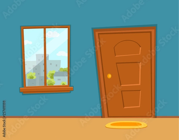 Fototapeta Window and door cartoon colorful vector illustration with urban city architecture buildings landscape