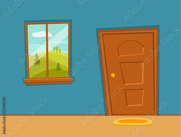 Fototapeta Close door and window cartoon colorful vector illustration with valley summer sun landscape
