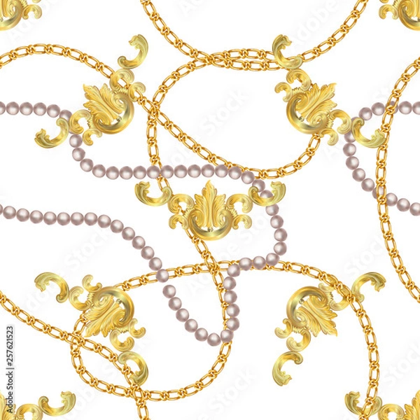 Fototapeta Baroque print with golden chains, golden key, pearls,  belts, baroque elments. Seamless Baroque vector pattern. Vector patch for print, fabric, scarf design