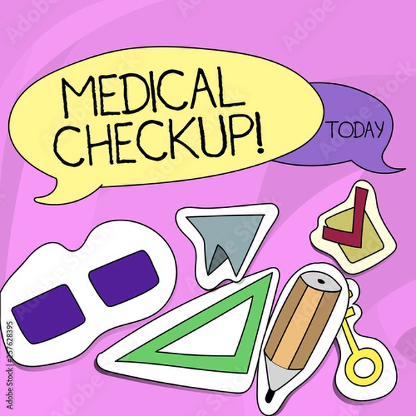 Fototapeta Word writing text Medical Checkup. Business photo showcasing thorough physical examination includes variety of tests Two Blank Colorful Speech Balloon and Different Labels Sticker Style Icons