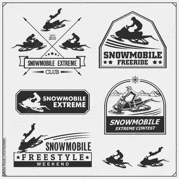 Obraz Snowmobile emblems, labels, badges and design elements. Snowmobile Freestyle. Print design for t-shirt and sport club emblems.