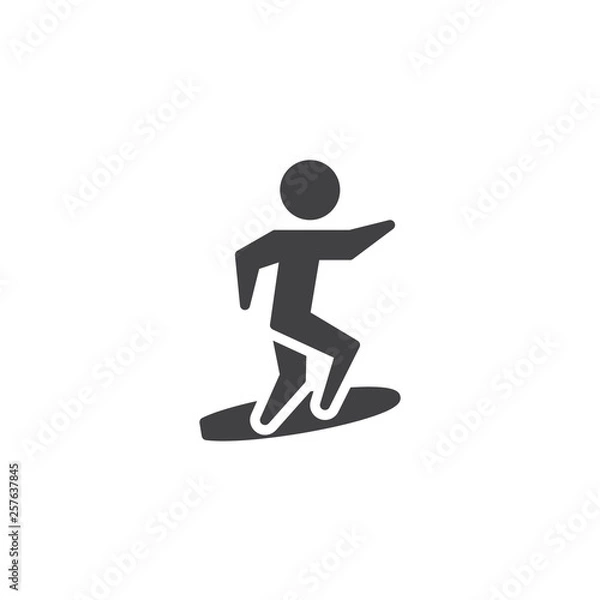 Obraz Surfing sport vector icon. filled flat sign for mobile concept and web design. Surfer riding on surfboard glyph icon. Summer sports game symbol, logo illustration. Pixel perfect vector graphics