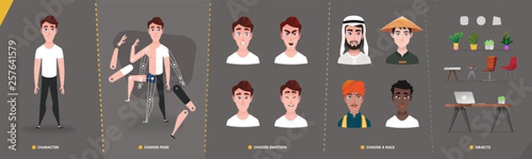 Fototapeta Cartoon  character man  for animation and motion design. Set interior objects in flat cartoon style