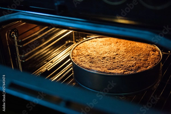 Fototapeta Homemade cake is prepared and baked in a special form for baking in an electric oven in the kitchen. View of the finished cake with the oven door open.