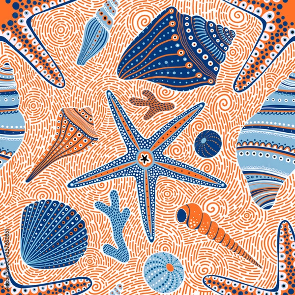 Fototapeta Seamless pattern with seashells and starfish