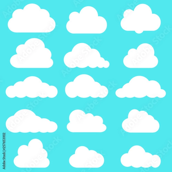 Fototapeta Set of clouds in blue sky. Cloud icon shape. Collection of different clouds, label, symbol. Graphic vector design element for logo, web and print.
