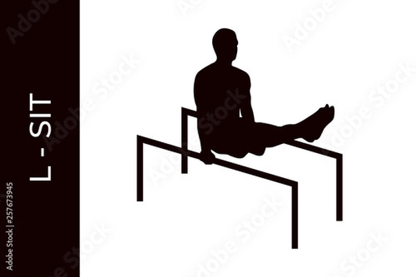 Fototapeta Male athlete silhouette doing calisthenics l-sit exercise isolated on white background. Functional training with own weight. Street workout training. Vector illustration for web and printing.